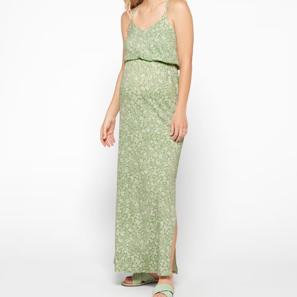 Maternity Knit Maxi Dress, Light Green, Floral Print